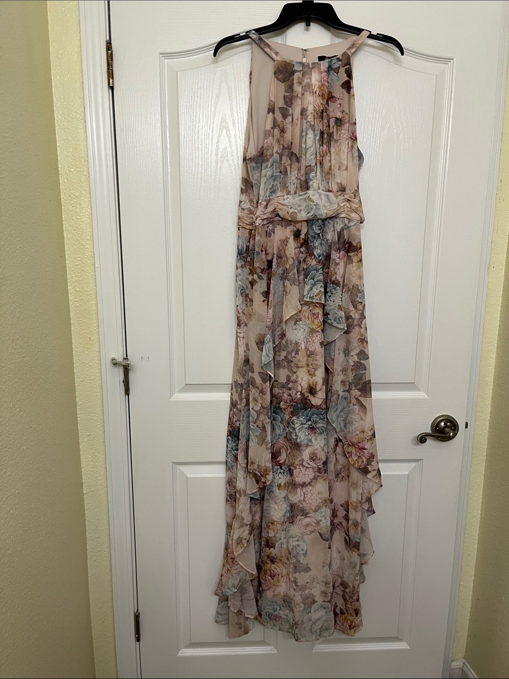 Floral Maxi Dress in Blush and Dusty Blue Floral Print. Zippers up back